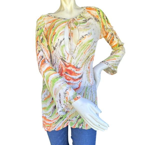 SHAN Green Cream & Orange 100% Silk Flare Sleeve Coverup Blouse Size US 12 - Picture 2 of 10